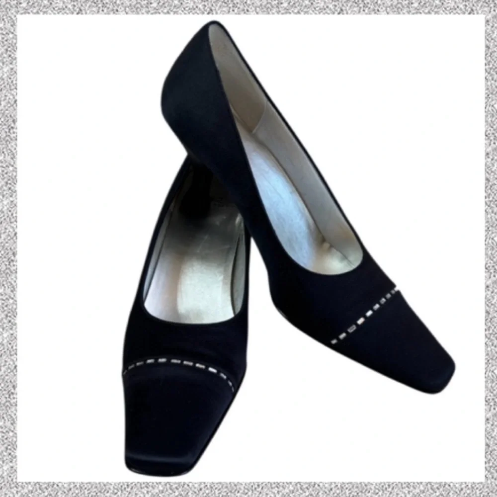 Elegant Pumps Vintage 90s Y2K Rhinestone Pointed Square Heel Black Silver Size 8
